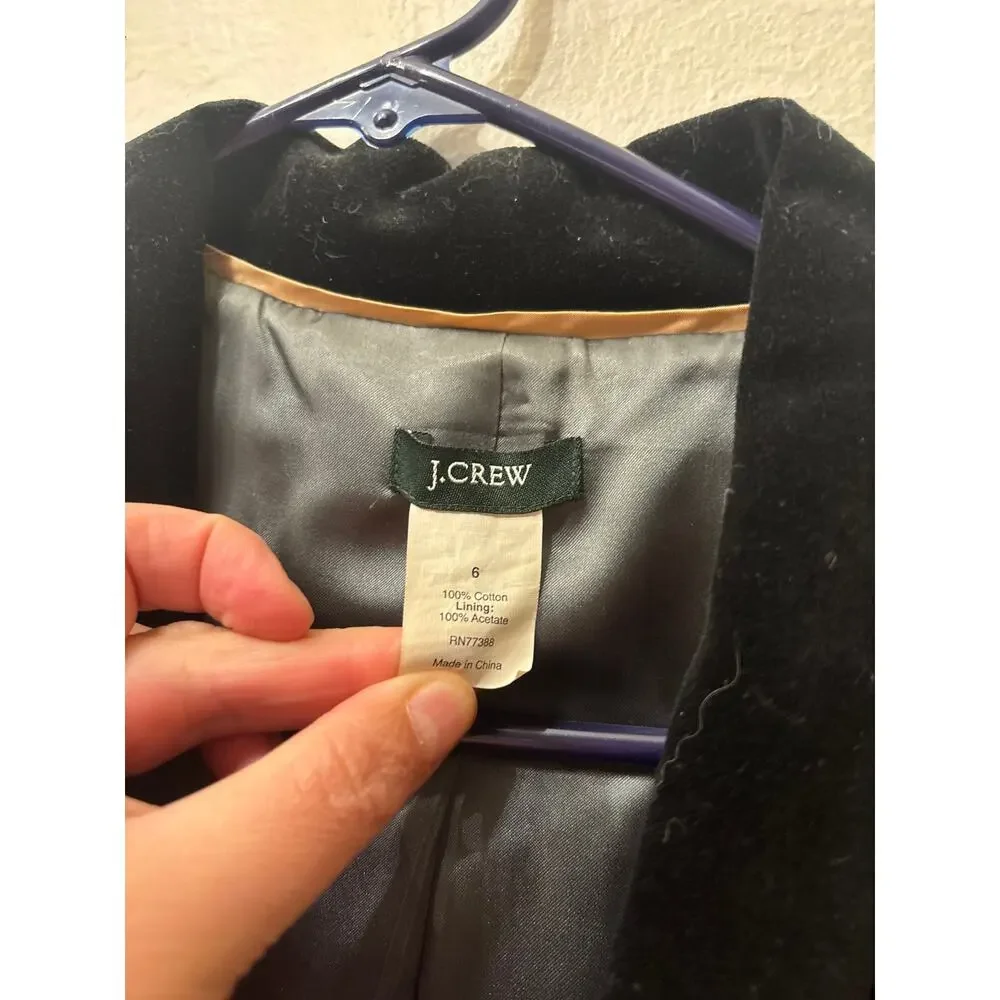 J.Crew Black Velvet Peplum Blazer Size 6 Gold Trim 2-Button Cotton Lined Jacket